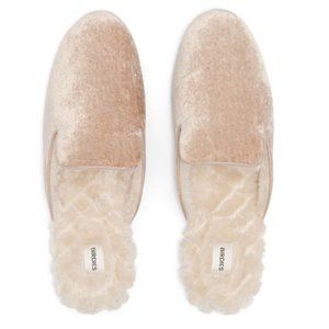 Birdies Phobe velvet slide mule in light pink/cream/nude with faux fur